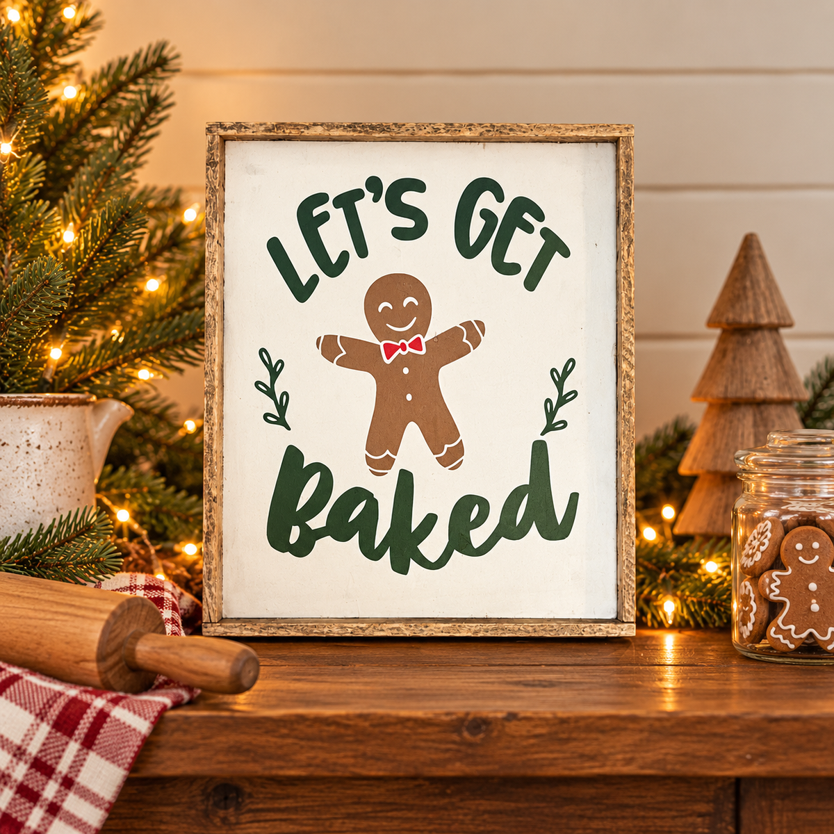 Let's Get Baked rustic Christmas gingerbread wood sign